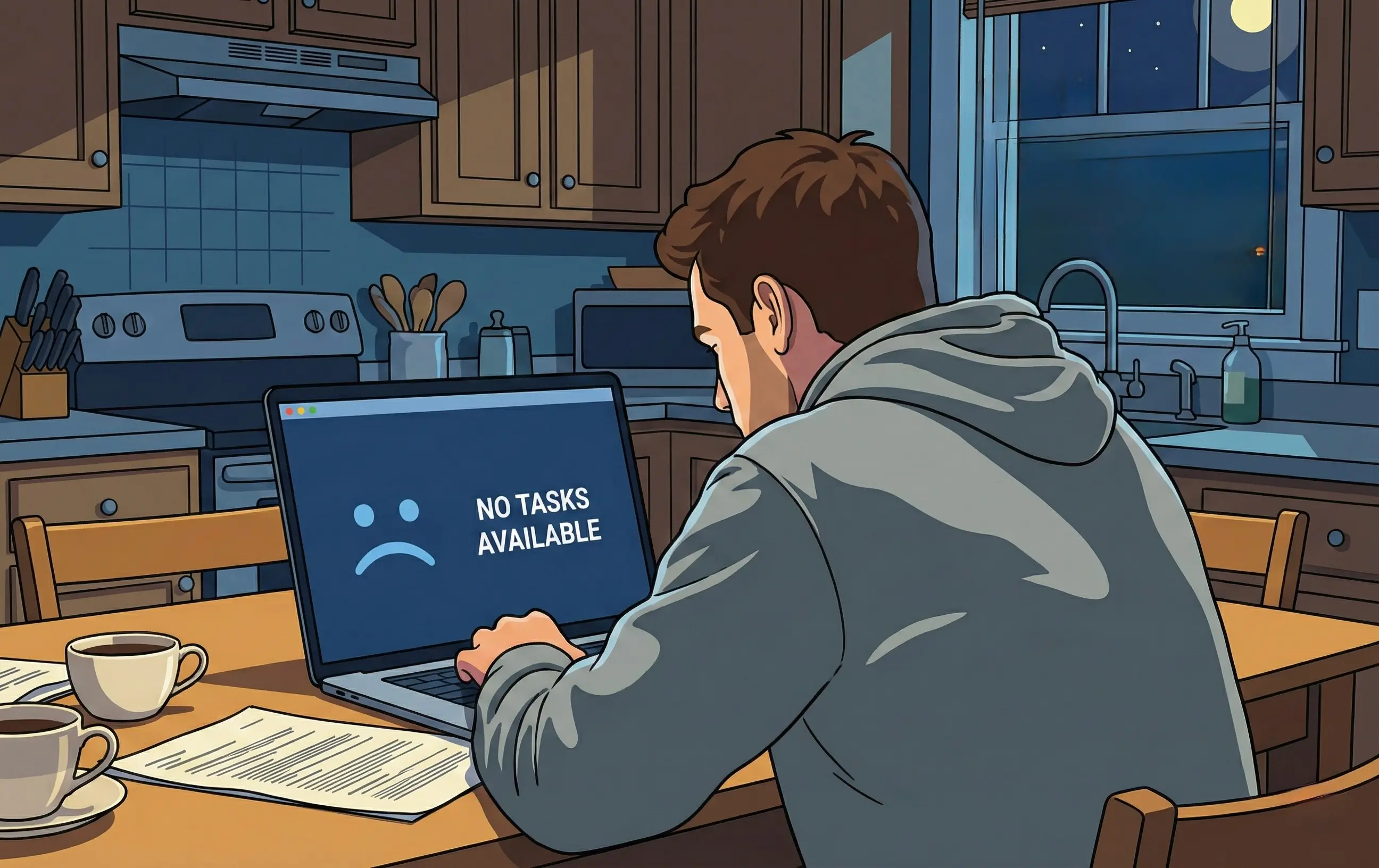 AI gig worker hitting the empty queue on Outlier or DataAnnotation — no tasks available screen on laptop