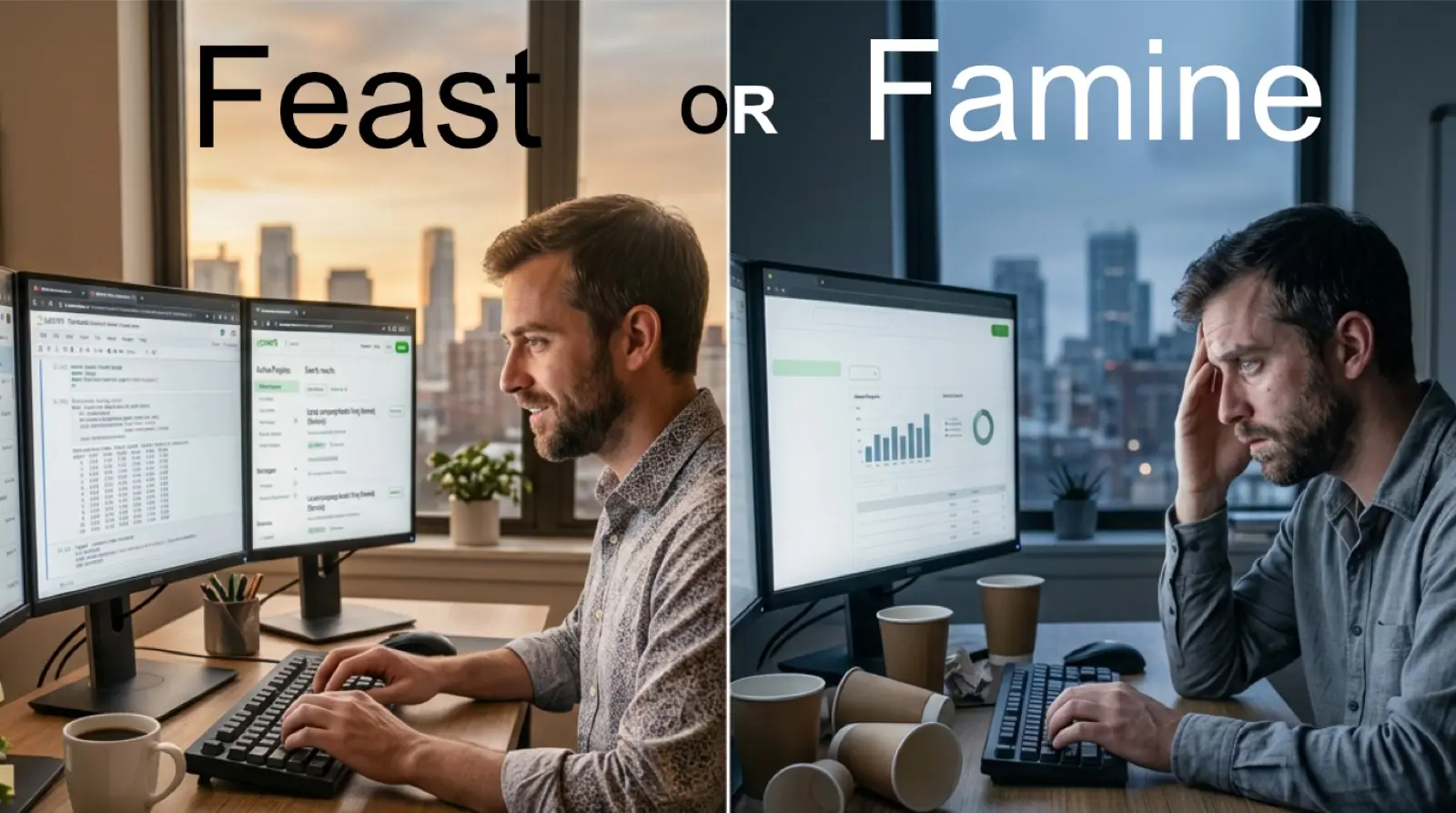 Split image of the same desk in daylight with a full work queue and at dusk with an empty one