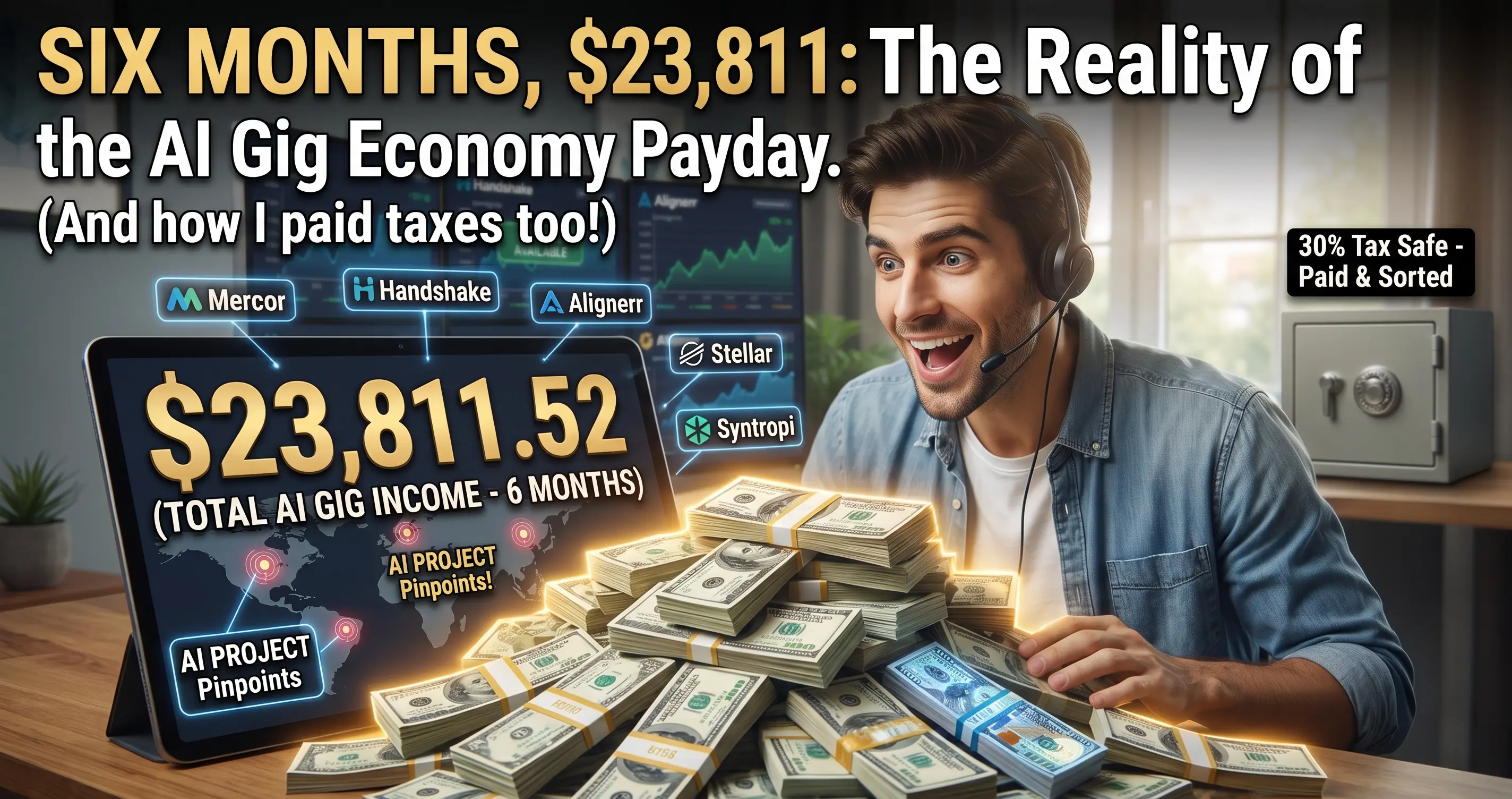 A grinning gig worker in a headset behind a pile of cash and a tablet reading $23,811.52 total AI gig income over six months, with the Mercor, Handshake, Alignerr, Stellar, and Syntropi logos and a 30 percent tax-safe badge beside a locked safe.