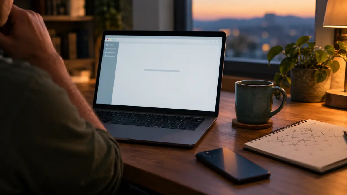 Person at a home desk at dusk looking at an empty work dashboard on a laptop, with a calendar of crossed-off weeks beside it