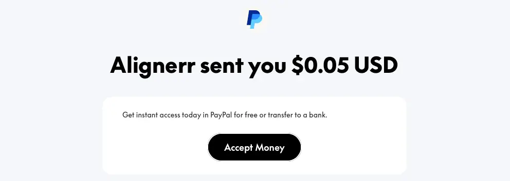PayPal notification showing 'Alignerr sent you $0.05 USD' — illustrating that Alignerr's PayPal payouts go out at any amount, no meaningful minimum