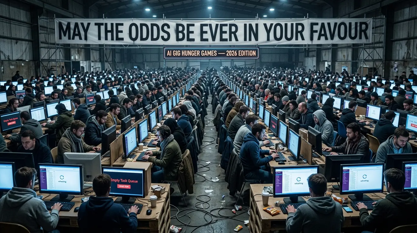 Tens of thousands of AI contractors crowded into a single Slack channel, all refreshing an empty task board at once — the feast-or-famine 'Hunger Games' model behind the mass-hire projects