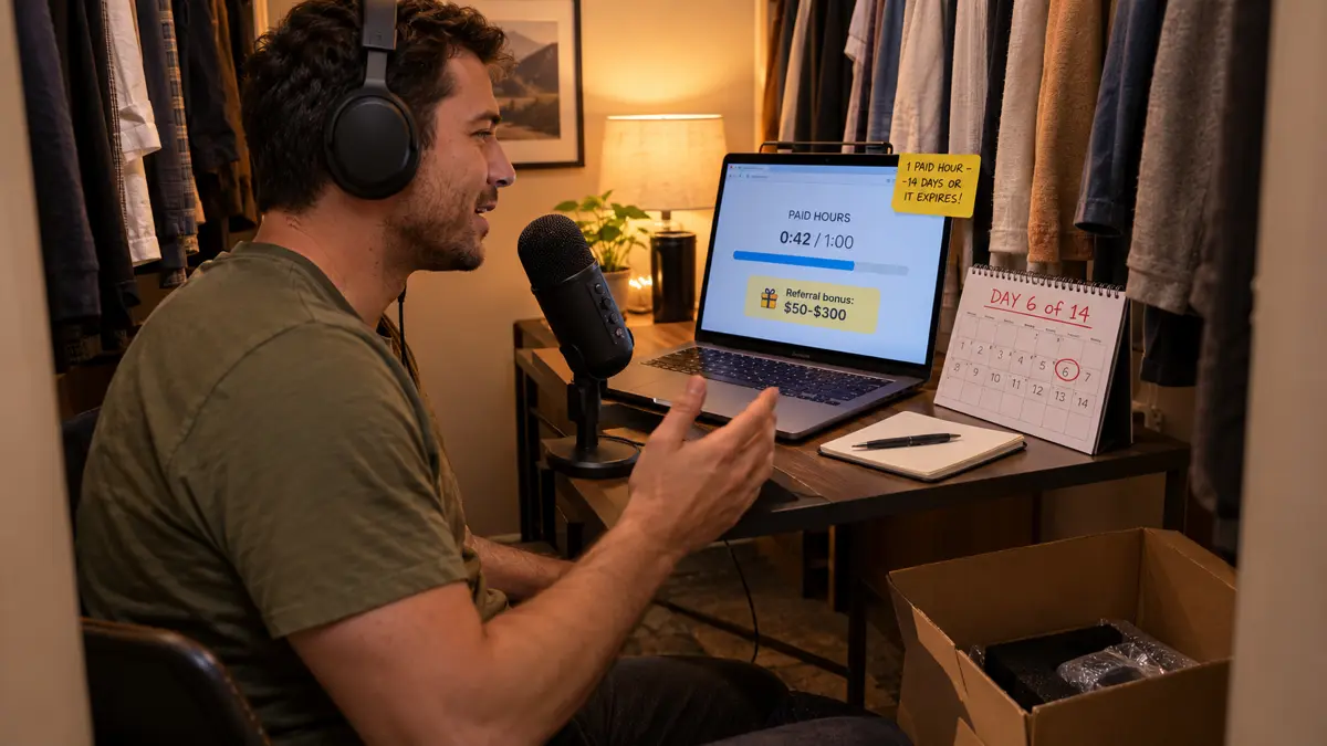 USB microphone on a desk in a quiet room, ready for a Babel Audio voice recording session