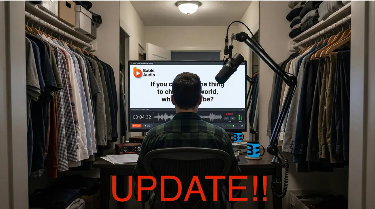 Person recording voice audio on a USB microphone in a home studio setup for Babel Audio AI training gig work