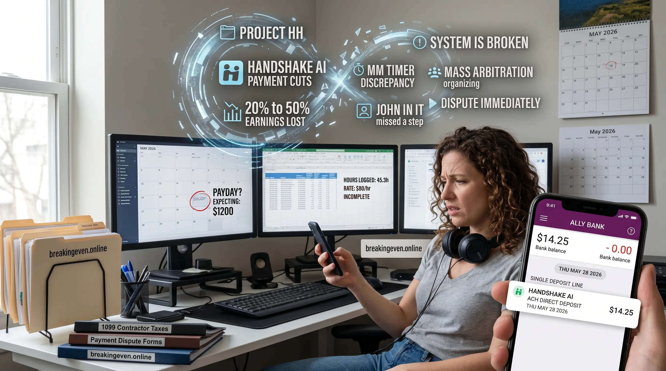 Handshake AI Project HH payment crisis — a worker checks a $14.25 Stripe deposit against logged hours, surrounded by dispute and mass-arbitration warnings