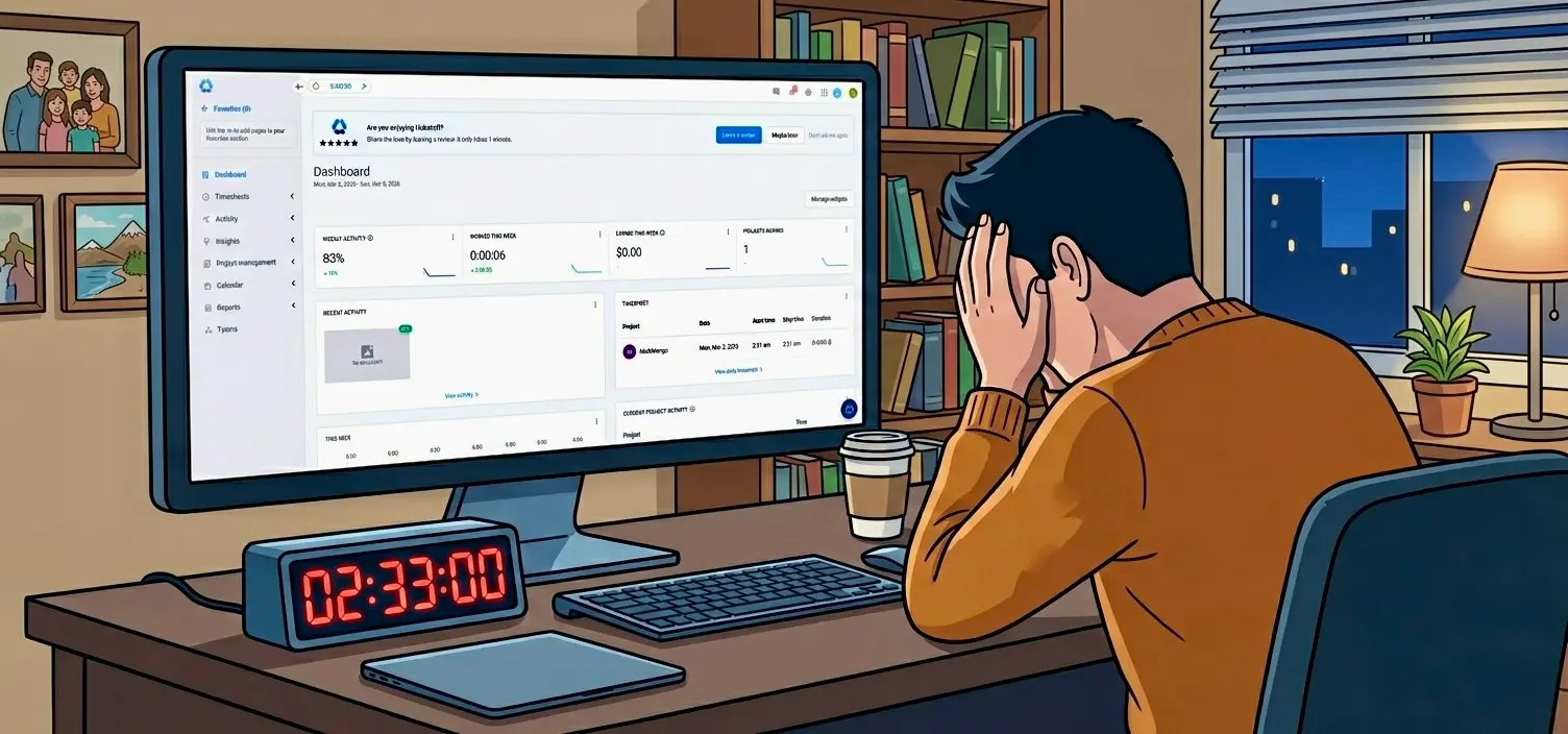A gig worker staring at a Hubstaff dashboard showing zero tracked time, with a clock reading 2:33 AM on the desk