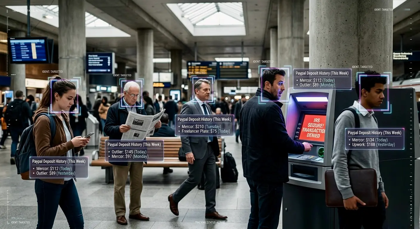Surveillance AI overlays gig worker PayPal deposit histories onto faces in a train station — IRS seizure warning on ATM screen