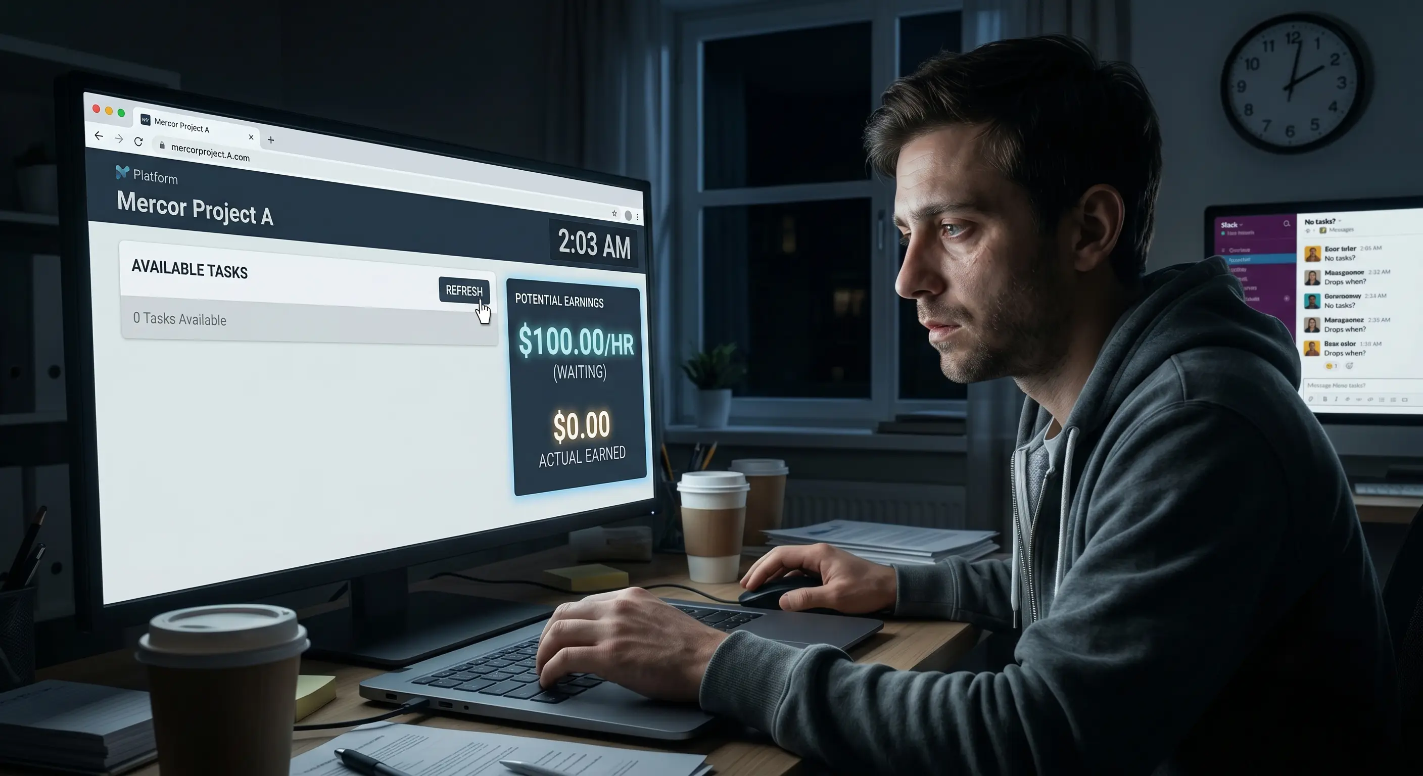 A generalist contractor refreshes an empty Mercor task board at 2am, hourly timer running, waiting for work to drop — the feast-or-famine reality behind the high advertised rate