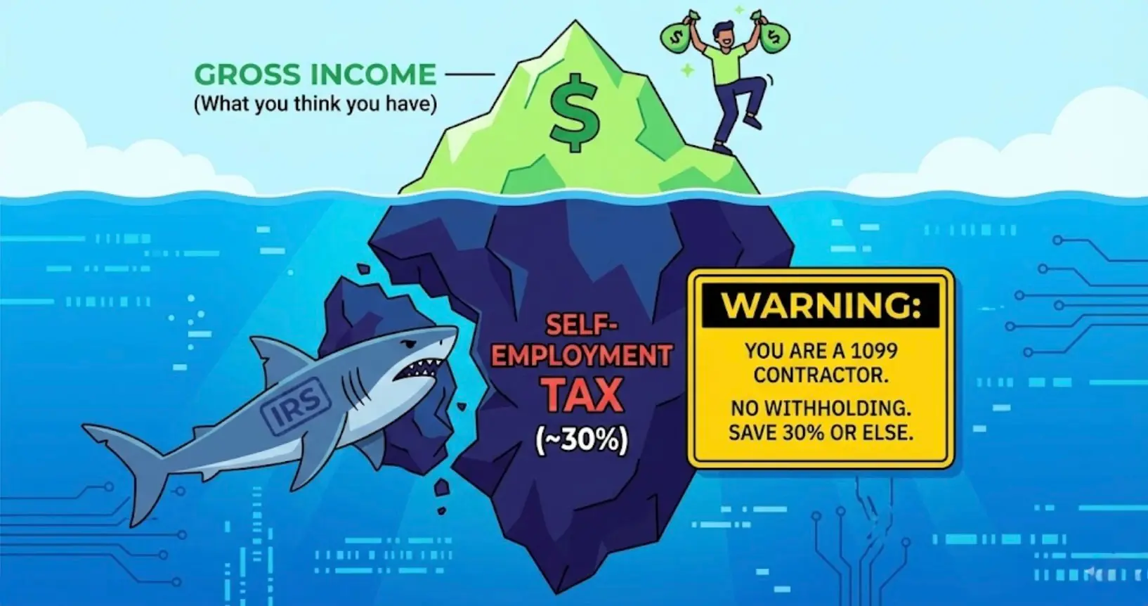 1099 contractor tax iceberg for AI gig workers — self-employment tax, quarterly payments, and deductions below the surface