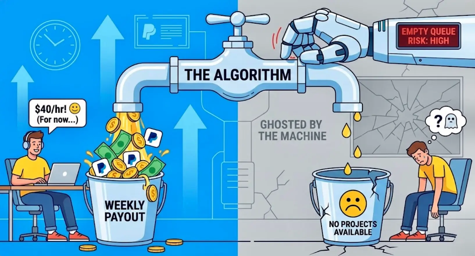 DataAnnotation pay rate faucet metaphor — income flows freely then suddenly stops without warning