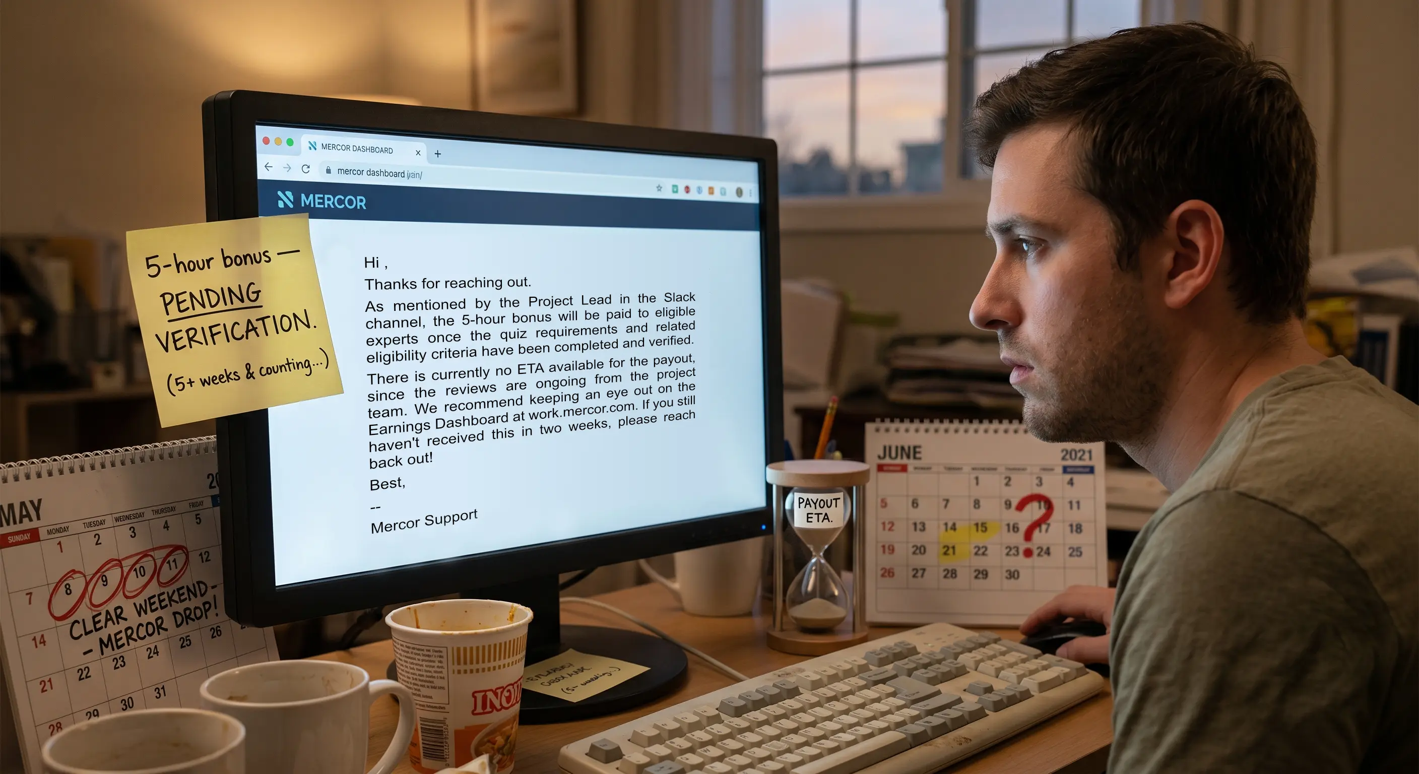 A Mercor expert who cleared their weekend for a promised task drop stares at an empty queue, a '5-hour bonus — pending verification' note pinned to the screen, five weeks and counting