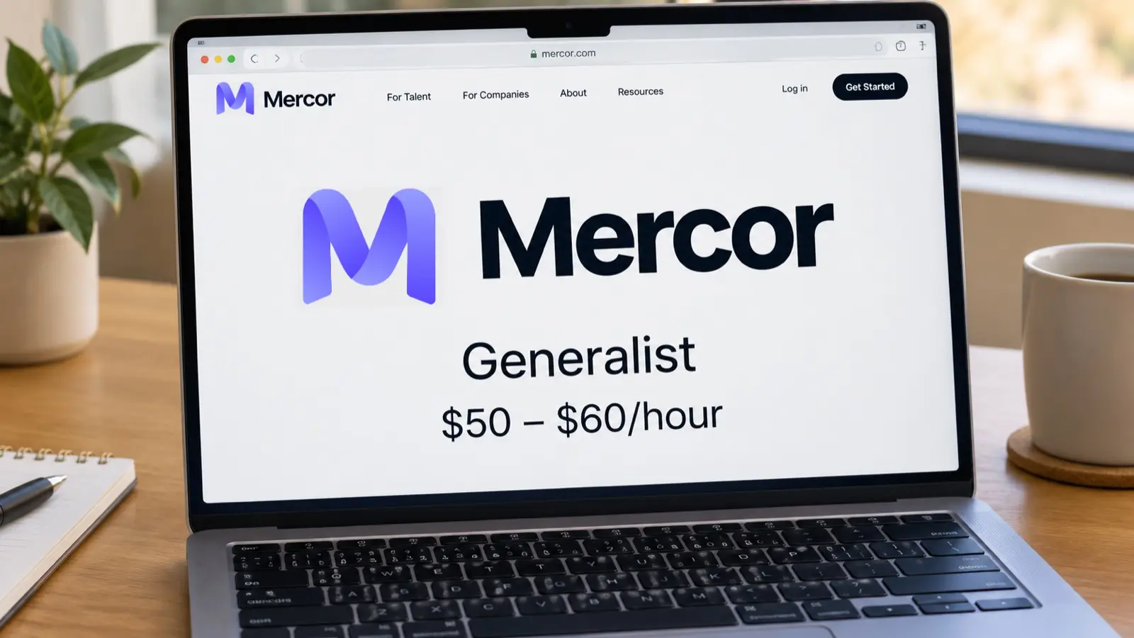 MacBook on a desk showing a Mercor generalist listing at $50 to $60 an hour