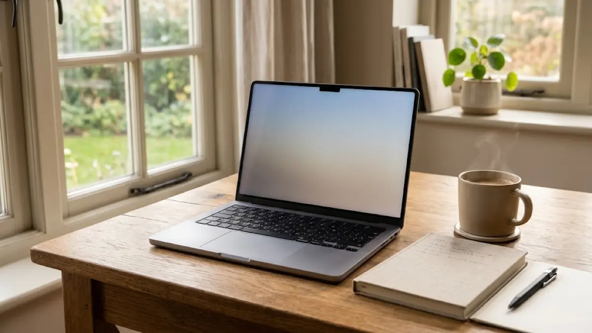 MacBook open on a desk with a notebook beside it, ready for remote AI training work