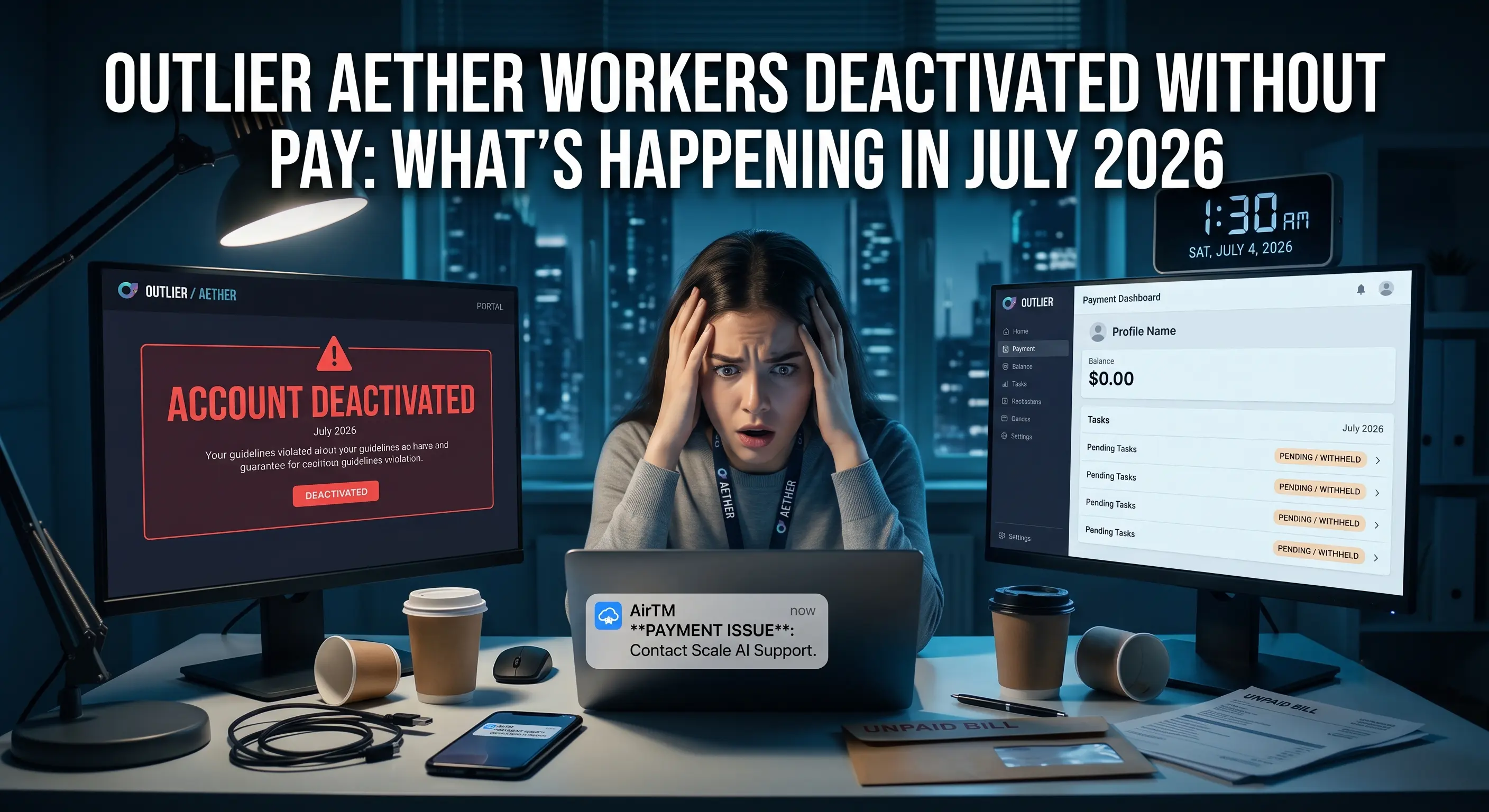 An Outlier Aether worker stares at a deactivated account and a $0.00 balance with tasks marked pending/withheld, an AirTM payment-issue alert and an unpaid bill on the desk, past 1:30 AM