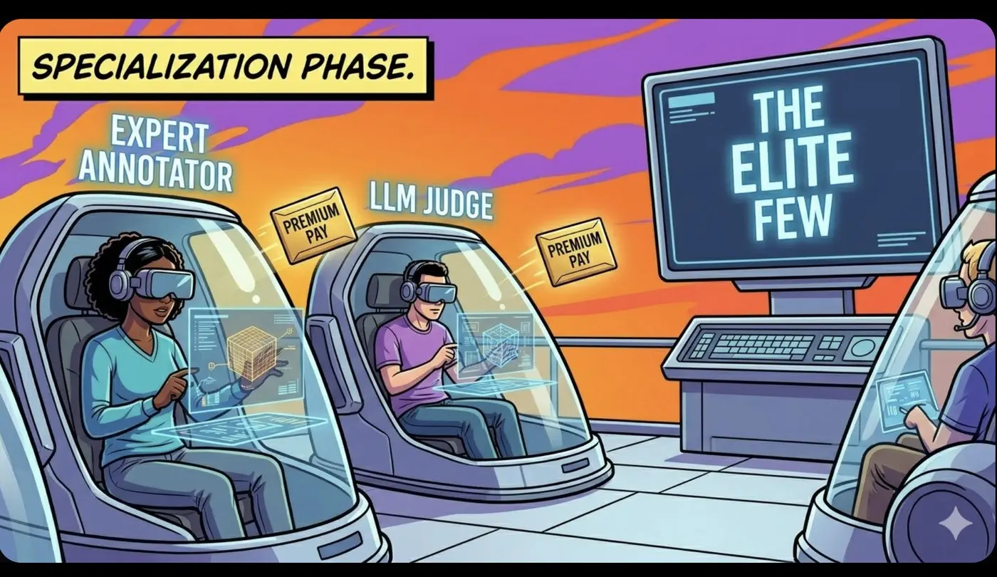 The specialization phase — expert annotators and LLM judges earning premium pay