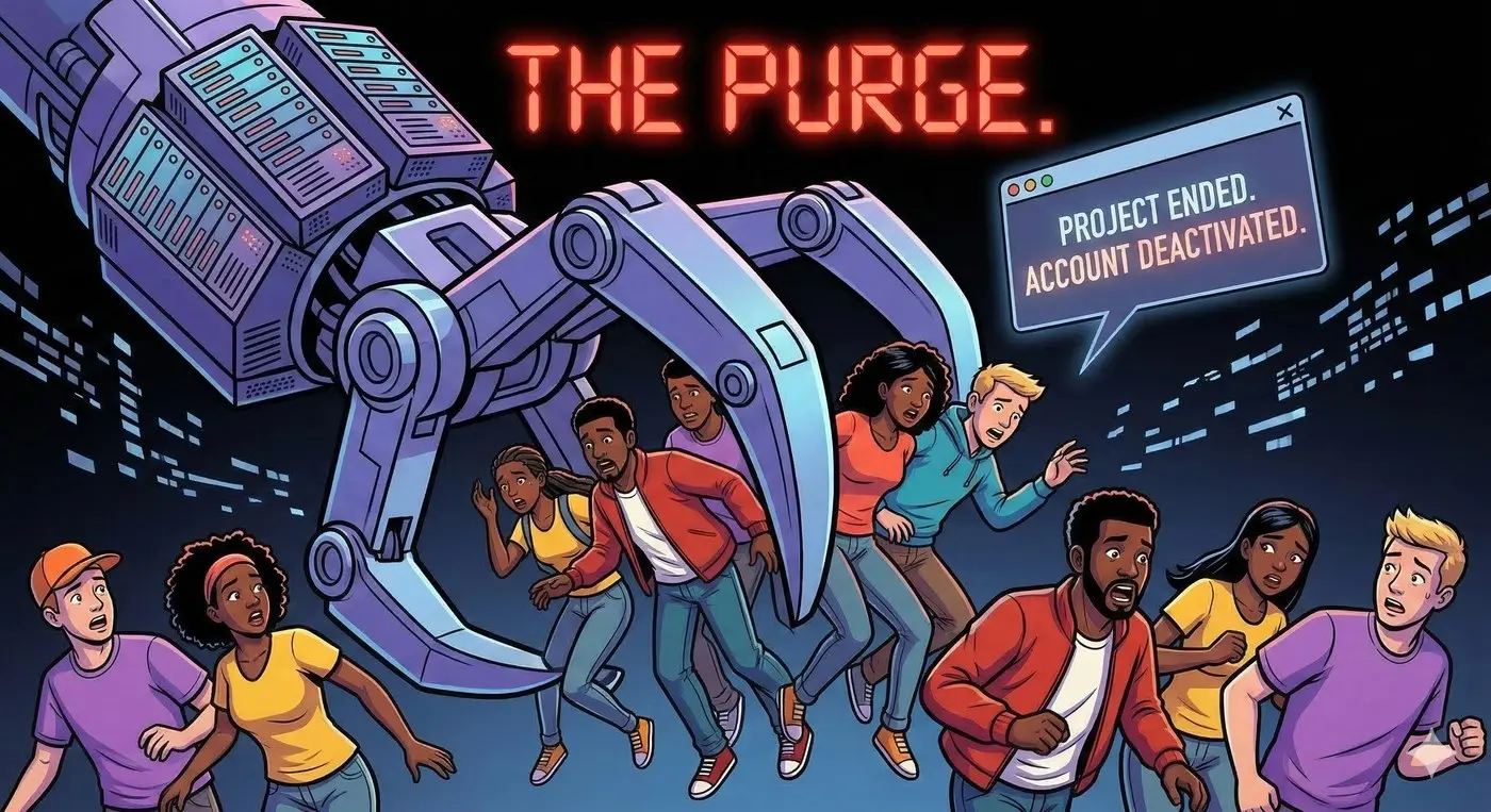The Purge — AI training platform account deactivations and project endings