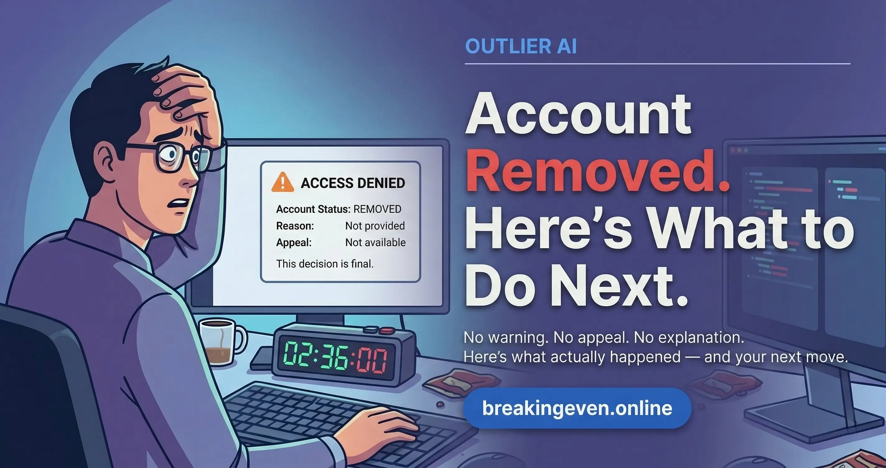 Person at desk discovering their Outlier AI account has been removed with ACCESS DENIED message on screen