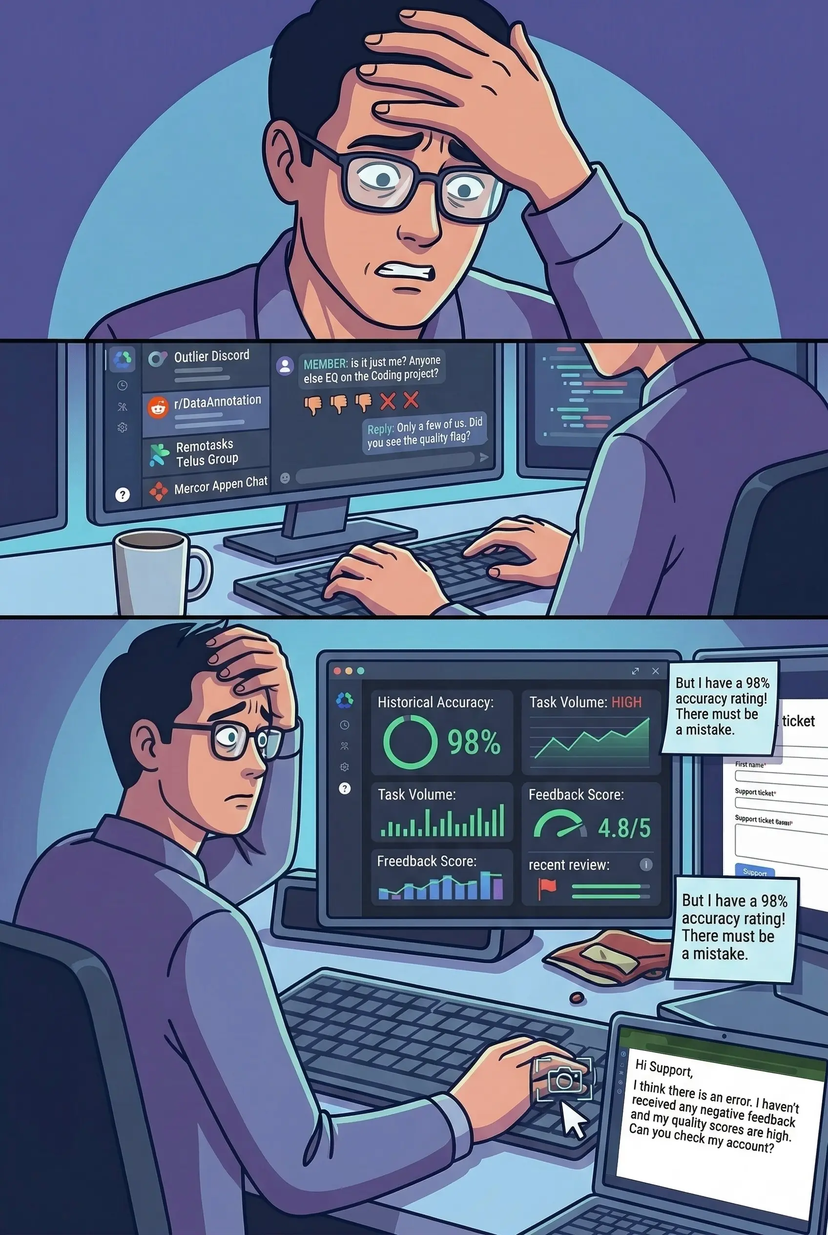 Worker checking Discord communities and quality metrics after account removal