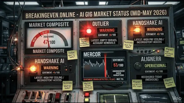 Mid-May 2026 AI gig platform status — Outlier and Handshake in Warning, Mercor sentiment crash, Alignerr recovery