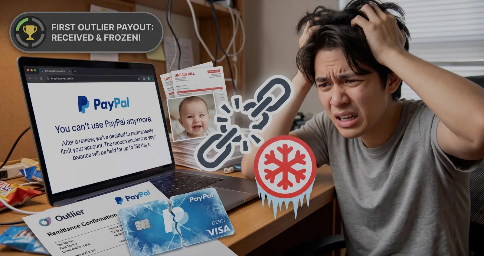 A PayPal account limitation notice next to an Outlier payment confirmation