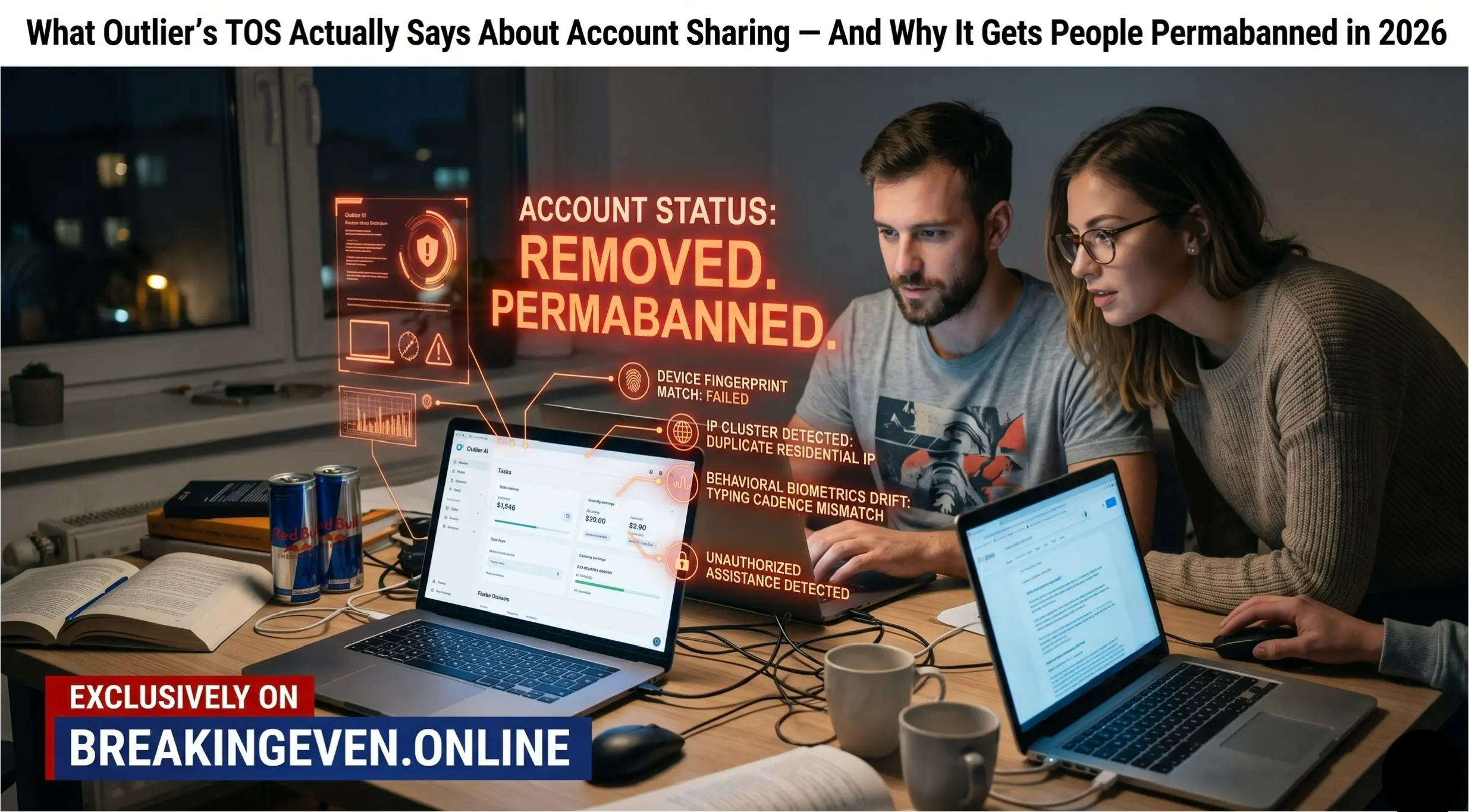 Two laptops sharing a single Outlier AI account, with a ban warning overlay