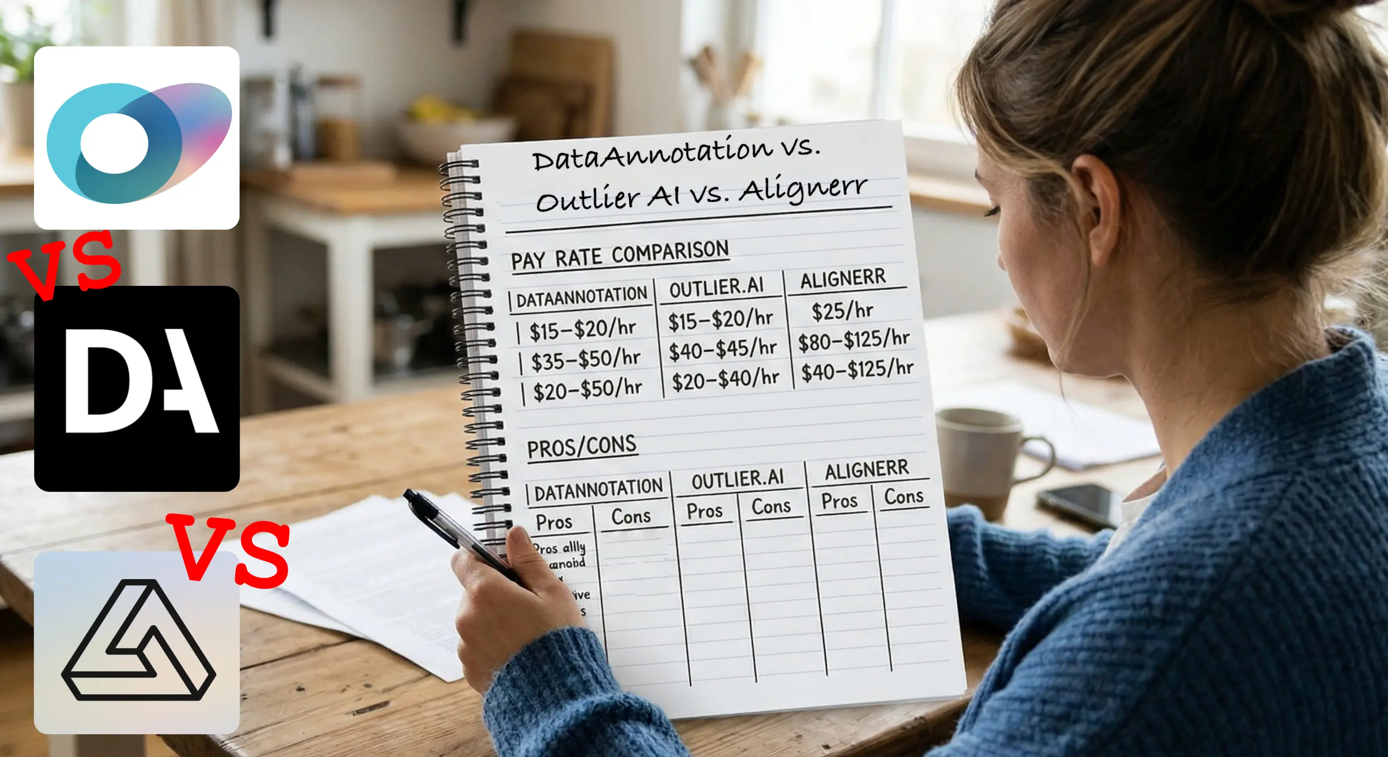 Side-by-side comparison of Outlier AI, DataAnnotation, and Alignerr pay rates for AI gig workers in 2026