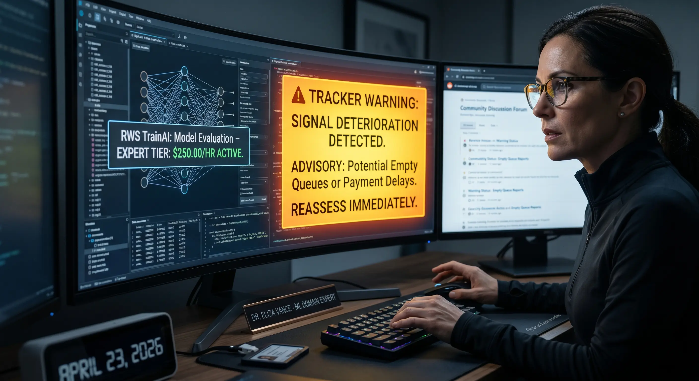 Professional desk setup with multiple monitors showing AI annotation interface, representing expert-tier AI gig work