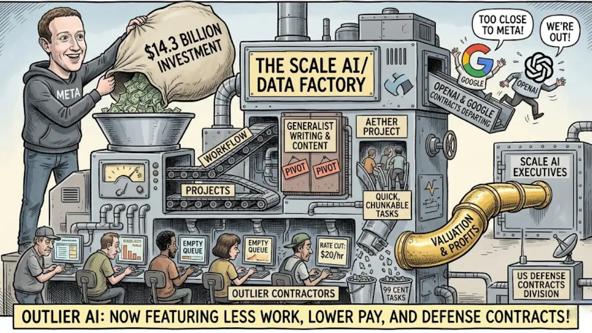 Cartoon showing Meta pouring $14.3 billion into the Scale AI data factory while Outlier contractors face empty queues, pay cuts to $20/hr, and OpenAI and Google walk out the door